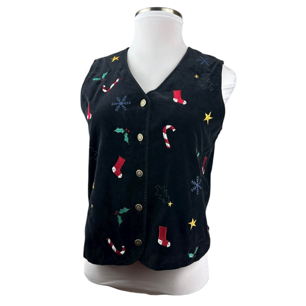 Talbots Christmas Themed Black Velvet Lined Button Up Vest Holiday Print Large - Picture 12 of 14